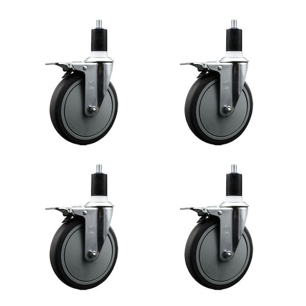 6'' Thermoplastic Rubber Swivel 1-1/2'' Expanding Stem Caster Set Total Lock Brake, 4PK